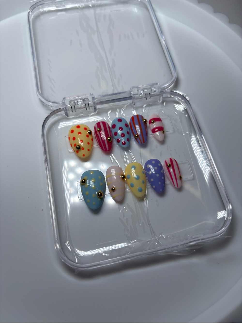 Kids Pastel Polka Dot & Stripe Press-On Nail Set - Yellow, Pink, Blue, Purple